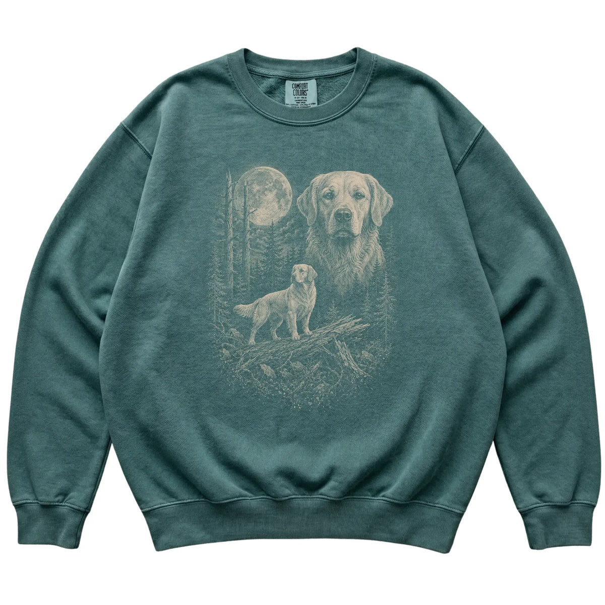 Blue Spruce Golden Retriever Moonlit Forest Comfort Colors sweatshirt, flat view