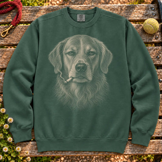 Golden Retriever smoking design on a Blue Spruce sweatshirt