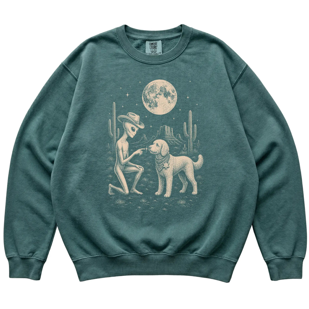 Blue Spruce Comfort Colors® sweatshirt featuring Goldendoodle Cowboy and Alien, laid-flat presentation