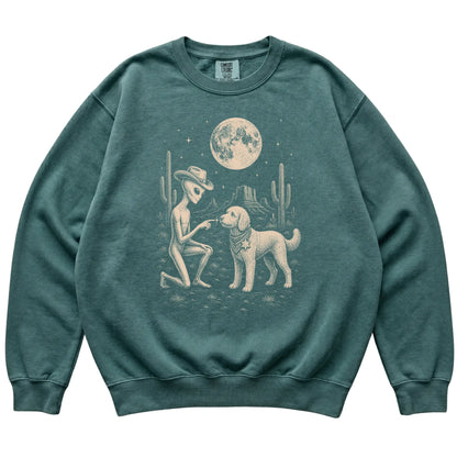 Blue Spruce Comfort Colors® sweatshirt featuring Goldendoodle Cowboy and Alien, laid-flat presentation