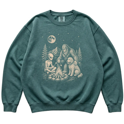 Blue Spruce Goldendoodle Camping with Bigfoot and Alien shirt laid flat