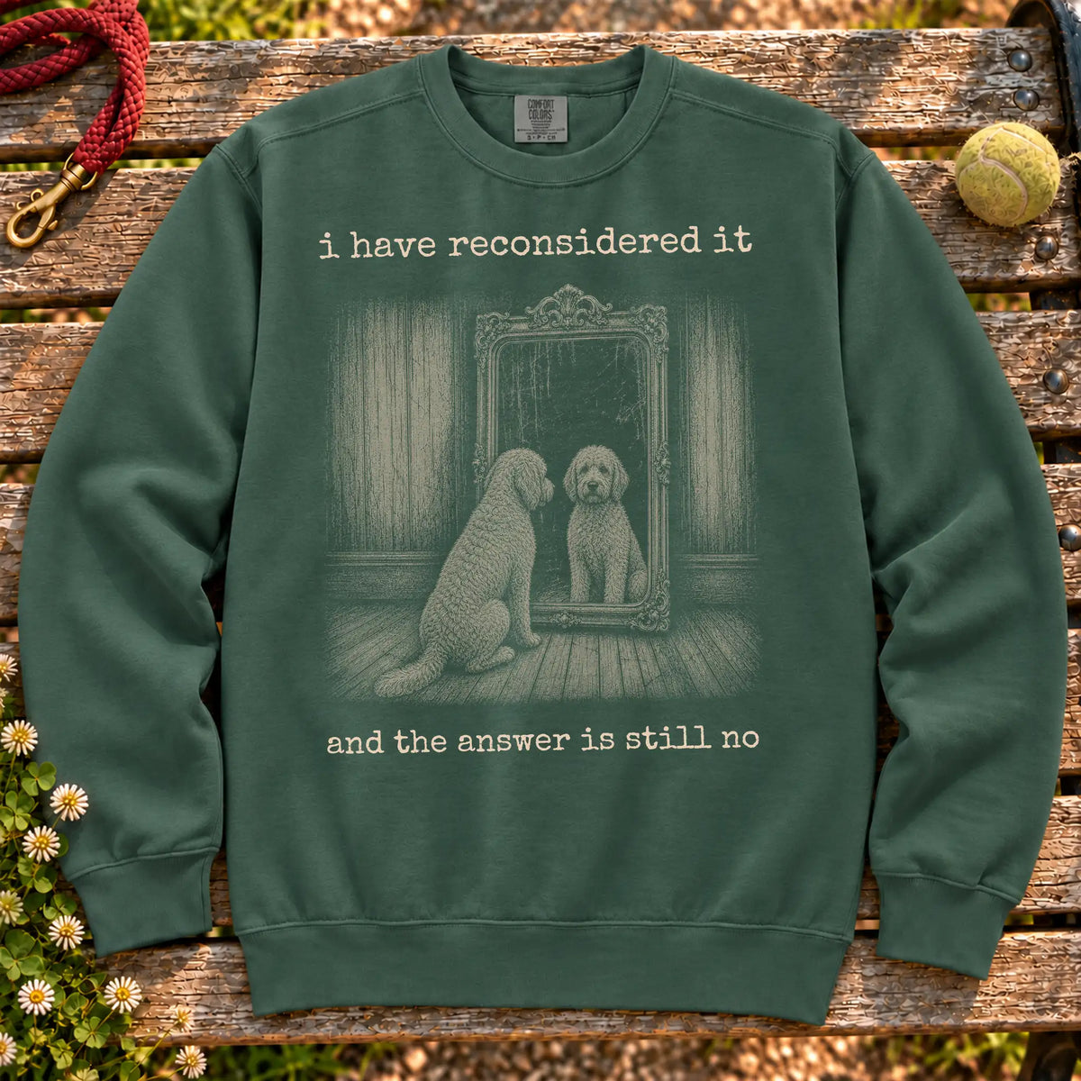 Goldendoodle The Answer Is Still No on a Blue Spruce crewneck sweatshirt, shown flat