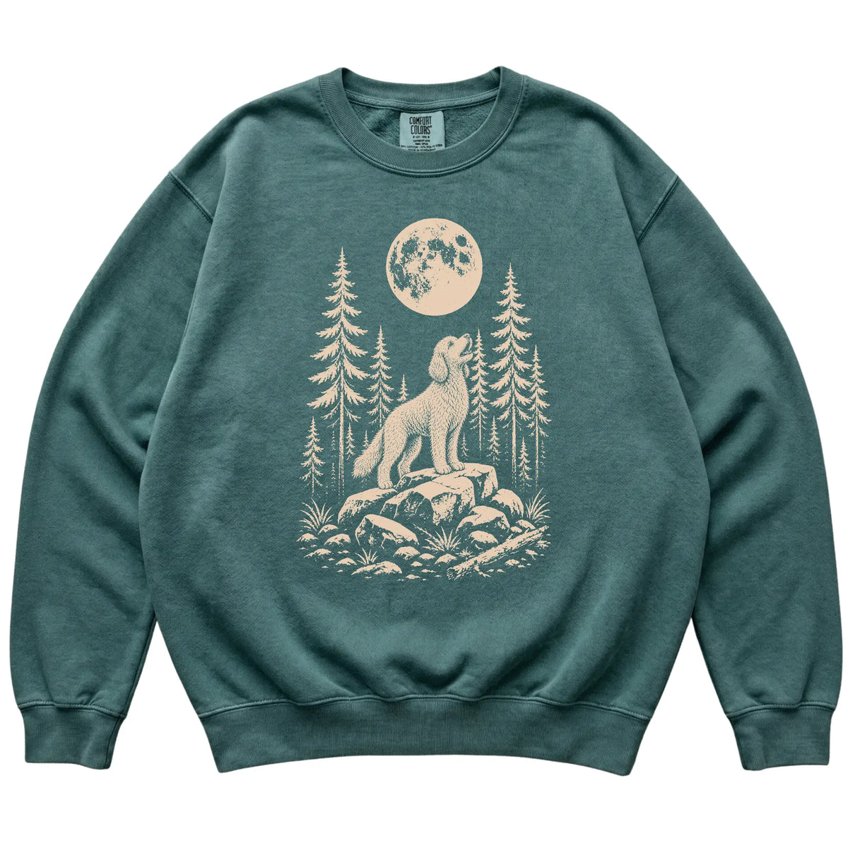 Close view of Goldendoodle Howling at the Moon artwork on Blue Spruce Comfort Colors sweatshirt