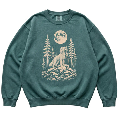 Close view of Goldendoodle Howling at the Moon artwork on Blue Spruce Comfort Colors sweatshirt