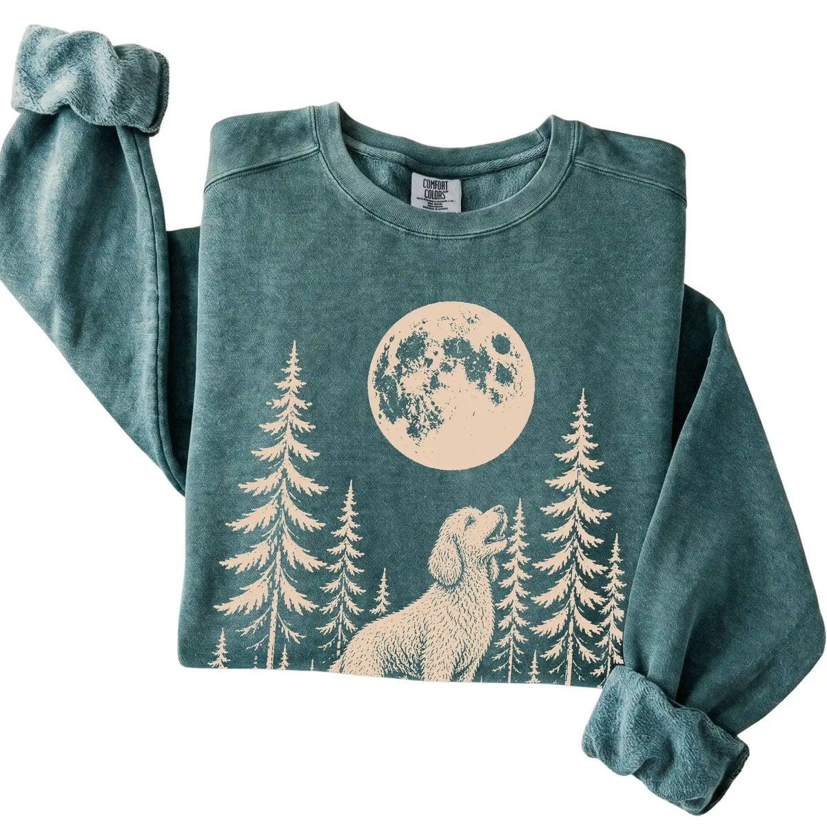 Goldendoodle Howling at the Moon Comfort Colors sweatshirt in Blue Spruce