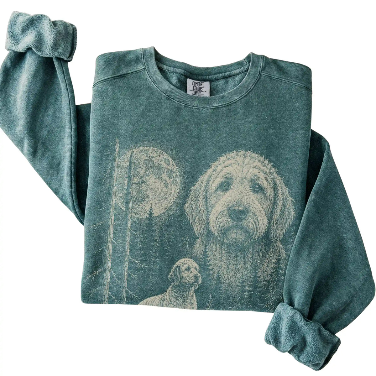 Blue Spruce Goldendoodle Moonlit Forest Comfort Colors sweatshirt, folded view