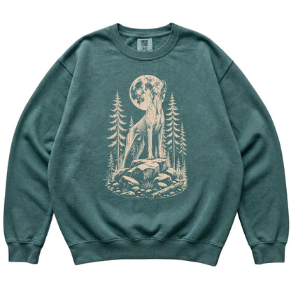 Close view of Great Dane Howling at the Moon artwork on Blue Spruce Comfort Colors sweatshirt