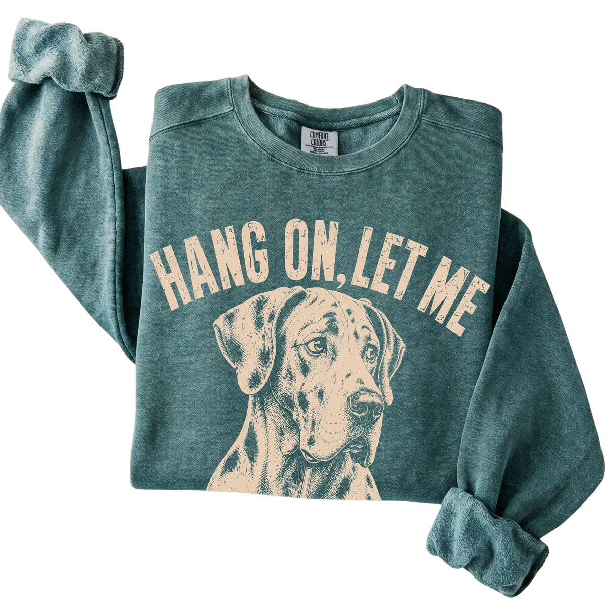 Blue Spruce Comfort Colors sweatshirt featuring Great Dane Iced Coffee Overthink, folded presentation