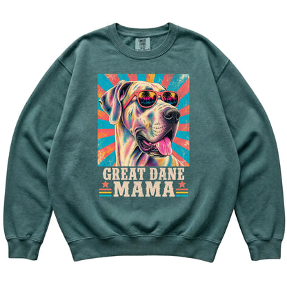 Retro Great Dane Mama design on a Blue Spruce Comfort Colors sweatshirt
