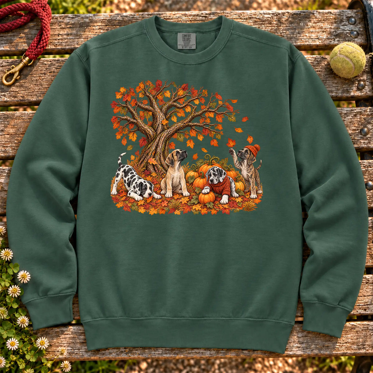 Four Great Dane puppies with pumpkins beneath an autumn tree on a Blue Spruce garment-dyed sweatshirt