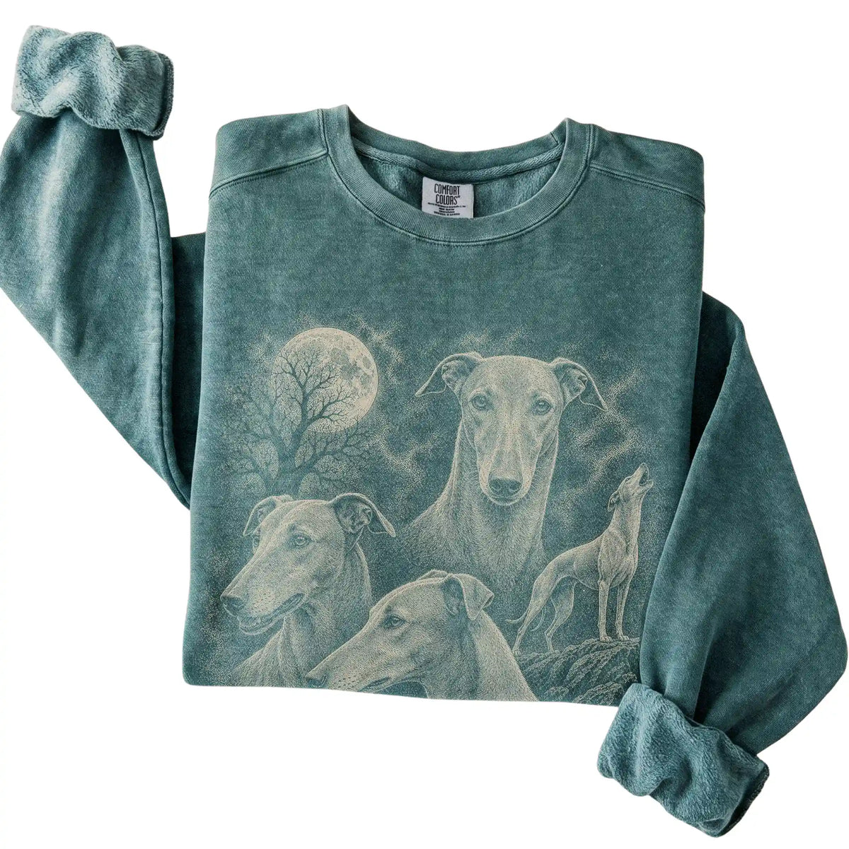 Blue Spruce Comfort Colors sweatshirt featuring a Greyhound 1990s moon design