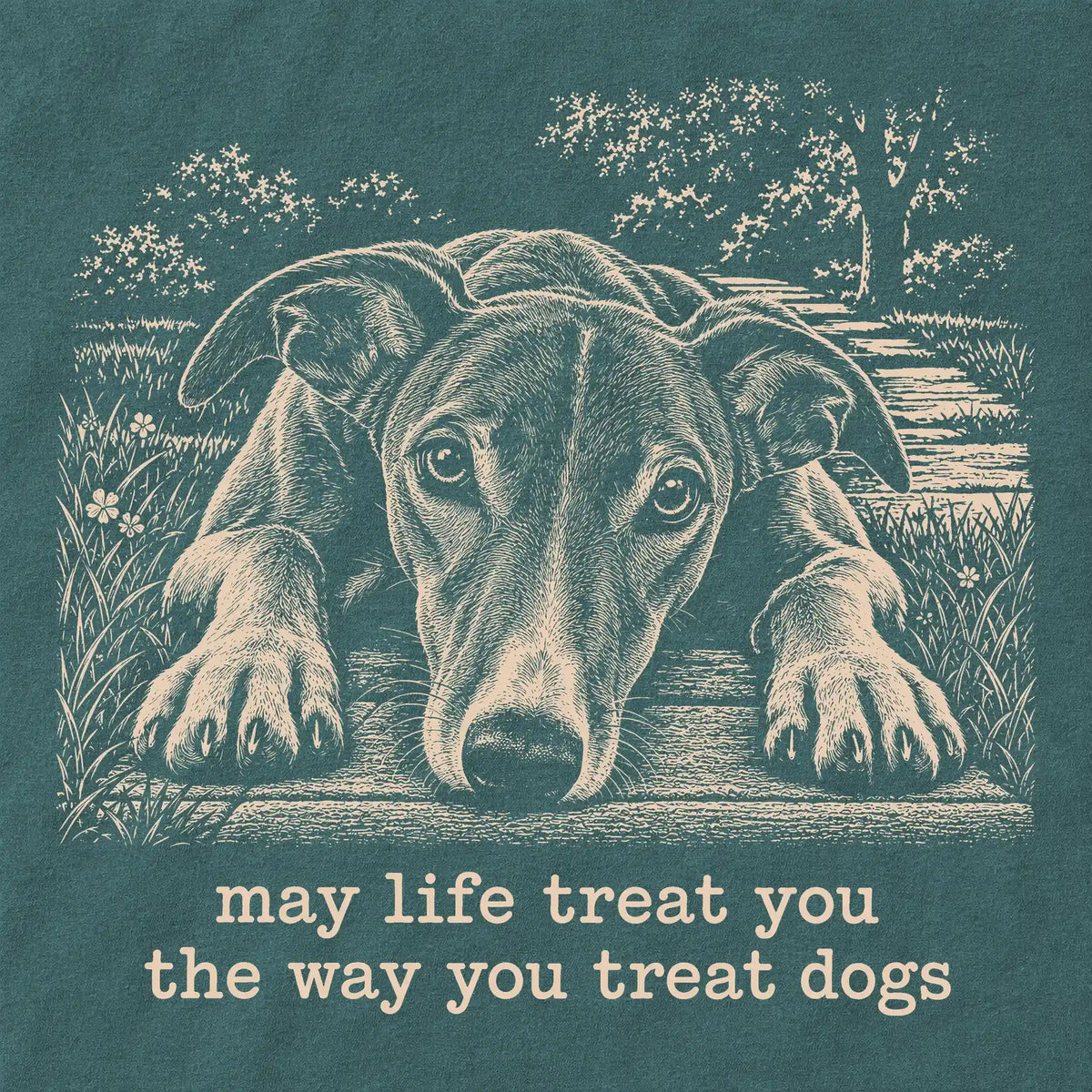 Greyhound Karma Comfort Colors sweatshirt in Blue Spruce — Design Detail