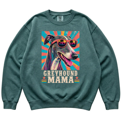 Retro Greyhound Mama design on a Blue Spruce Comfort Colors sweatshirt