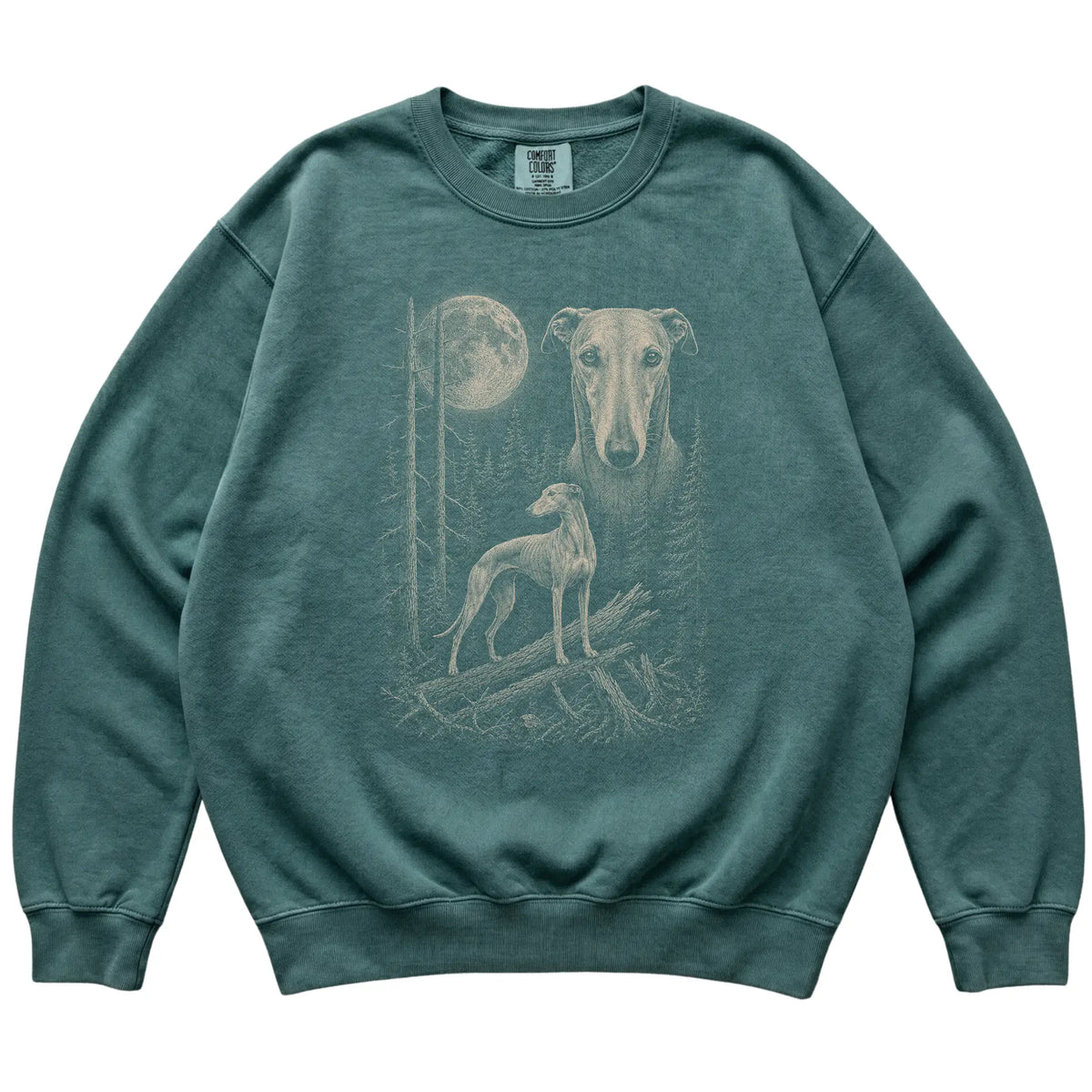 Blue Spruce Greyhound Moonlit Forest Comfort Colors sweatshirt, flat view