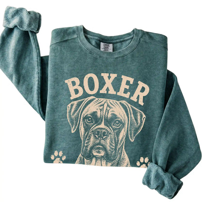 Blue Spruce Comfort Colors® sweatshirt featuring Handsome, Hyper & Here For Fun - Boxer, folded presentation