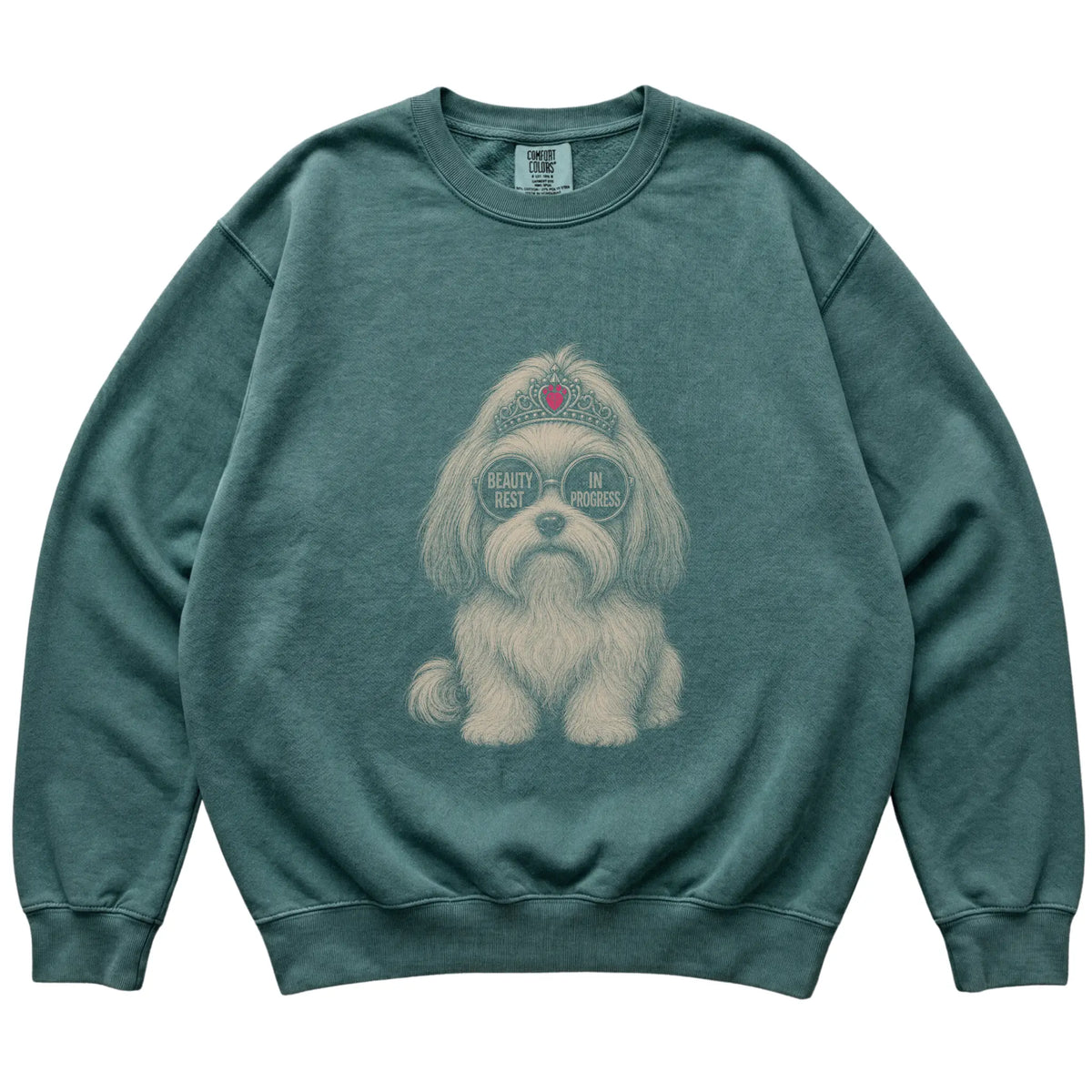 Blue Spruce Comfort Colors sweatshirt featuring Havanese Beauty Rest In Progress, laid-flat presentation