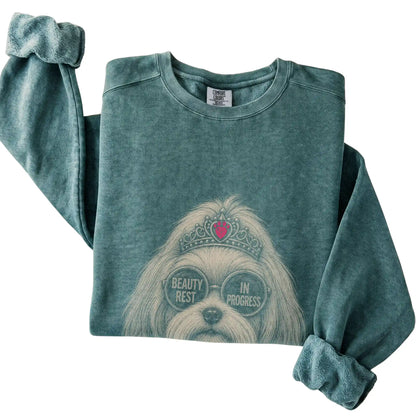 Blue Spruce Comfort Colors sweatshirt featuring Havanese Beauty Rest In Progress, folded presentation