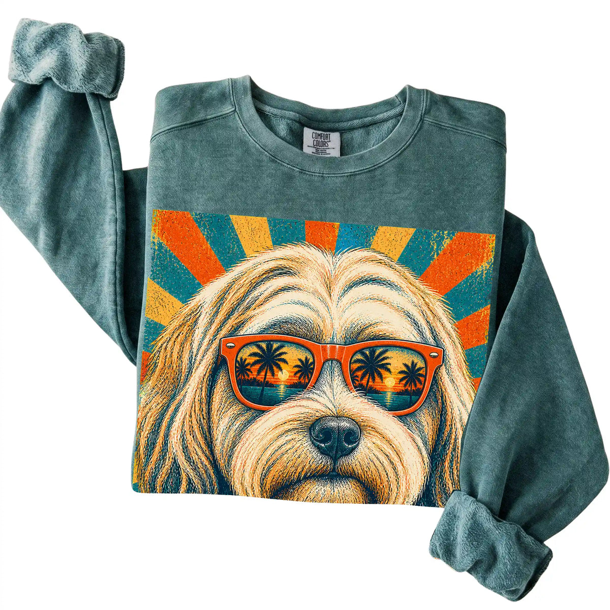 Folded Blue Spruce Comfort Colors sweatshirt with a Retro Havanese Dad design