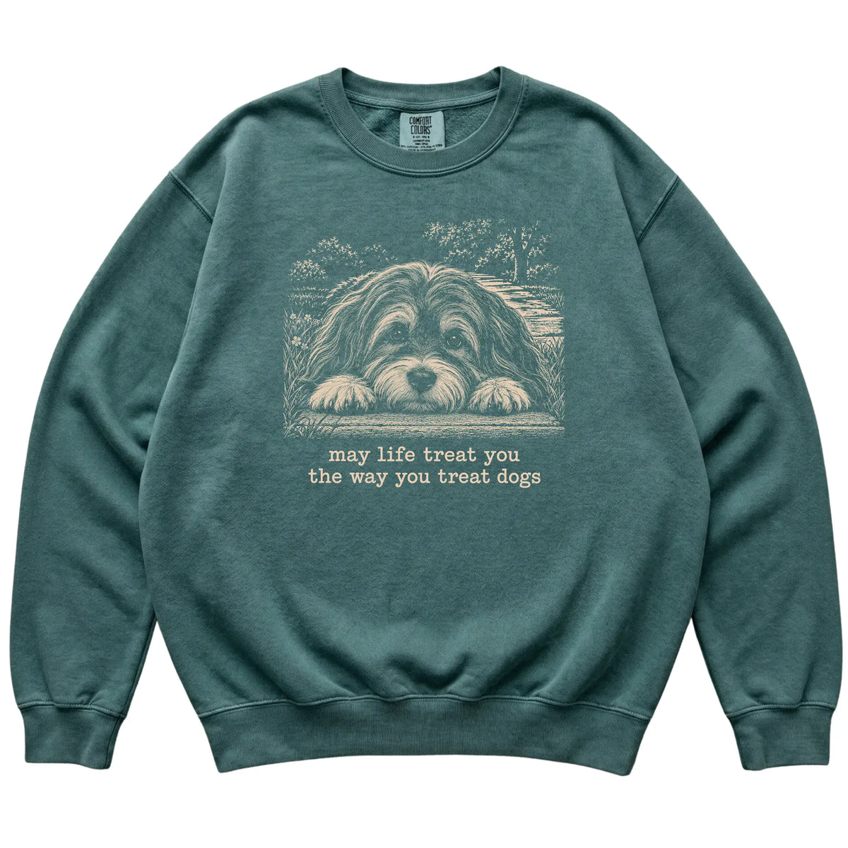 Havanese Karma Comfort Colors sweatshirt in Blue Spruce — Flat Lay