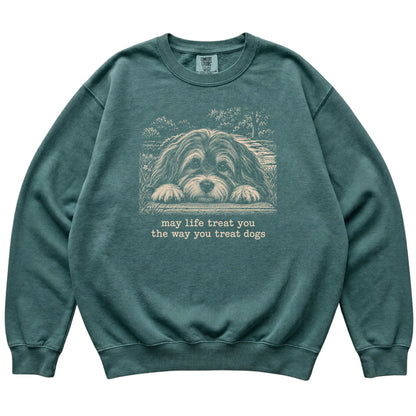 Havanese Karma Comfort Colors sweatshirt in Blue Spruce — Flat Lay