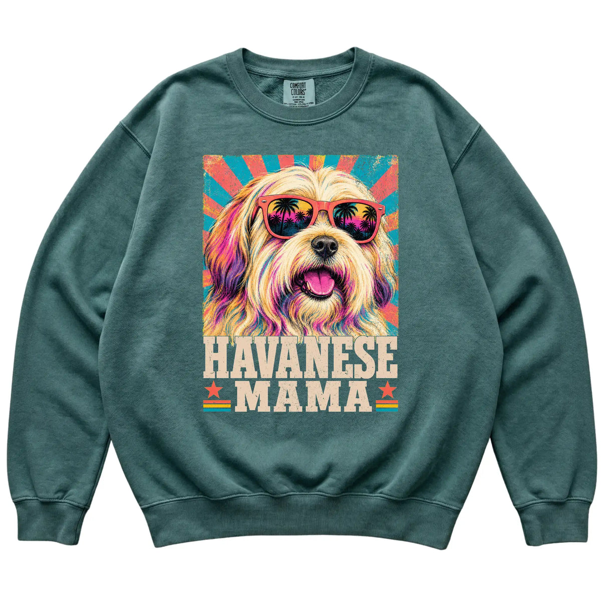 Retro Havanese Mama design on a Blue Spruce Comfort Colors sweatshirt