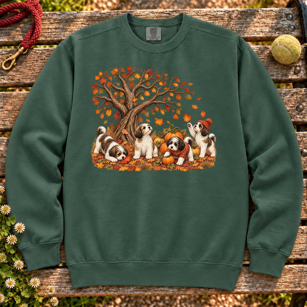 Four Havanese puppies with pumpkins beneath an autumn tree on a Blue Spruce garment-dyed sweatshirt