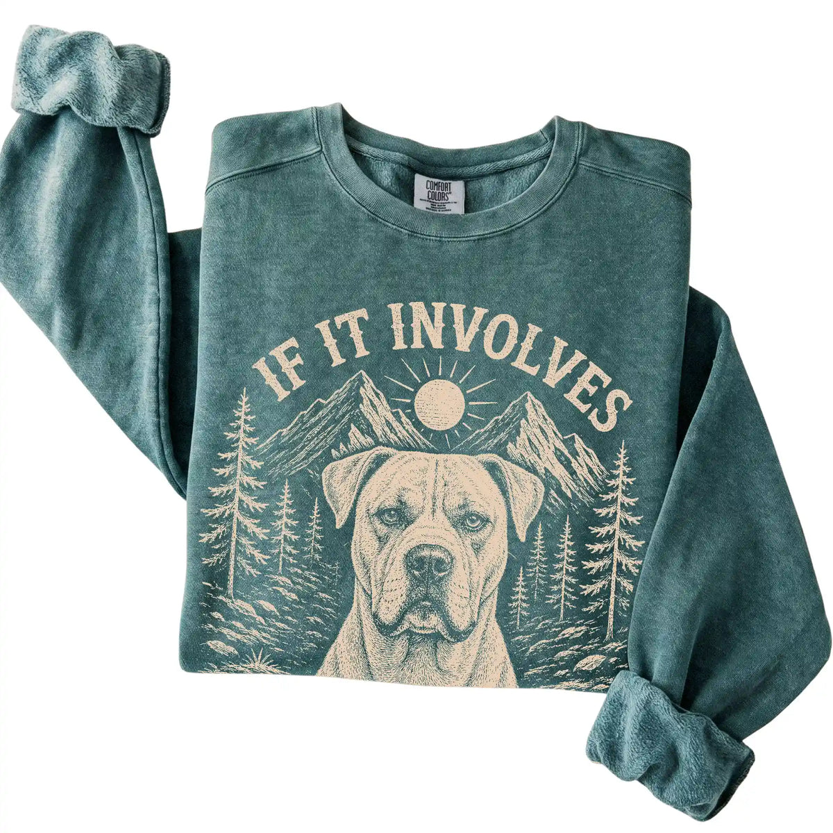 Blue Spruce Comfort Colors® sweatshirt featuring Hiking and American Bulldogs, folded presentation
