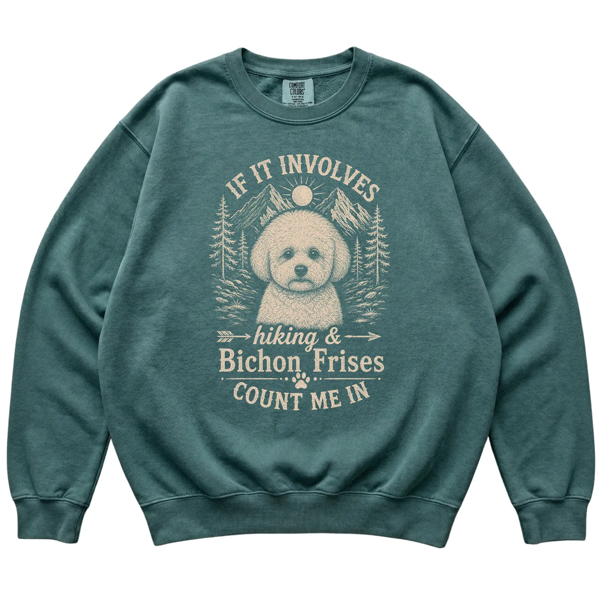 Blue Spruce Comfort Colors® sweatshirt featuring Hiking and Bichon Frises, laid-flat presentation