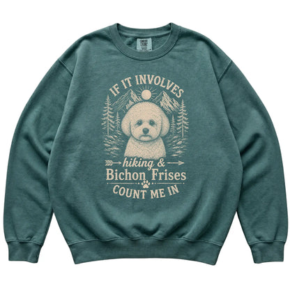 Blue Spruce Comfort Colors® sweatshirt featuring Hiking and Bichon Frises, laid-flat presentation
