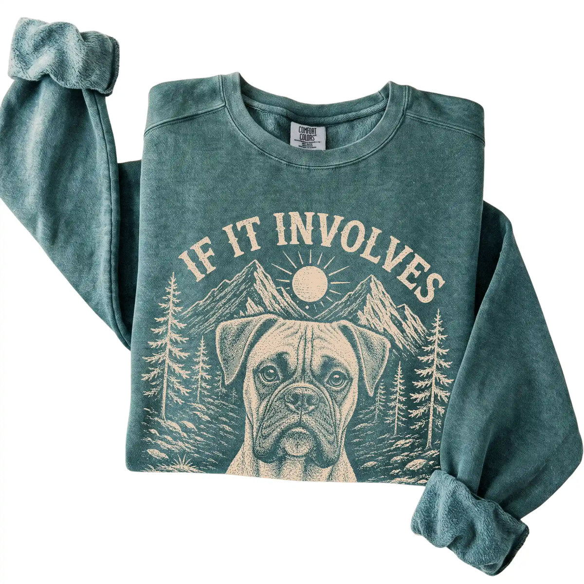 Blue Spruce Comfort Colors® sweatshirt featuring Hiking and Boxers, folded presentation
