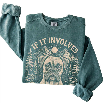 Blue Spruce Comfort Colors® sweatshirt featuring Hiking and Boxers, folded presentation