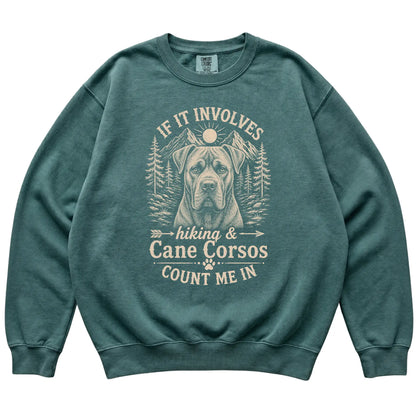 Blue Spruce Comfort Colors® sweatshirt featuring Hiking and Cane Corsos, laid-flat presentation