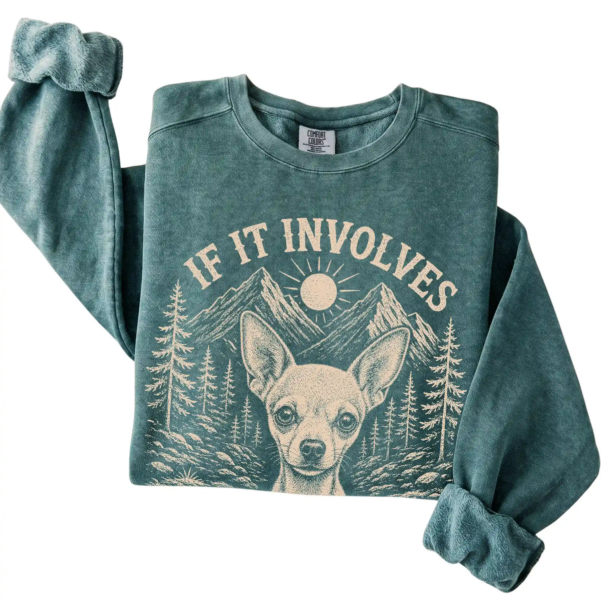 Blue Spruce Comfort Colors® sweatshirt featuring Hiking and Chihuahuas, folded presentation