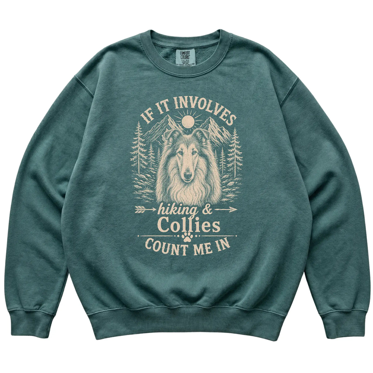 Blue Spruce Comfort Colors® sweatshirt featuring Hiking and Collies, laid-flat presentation