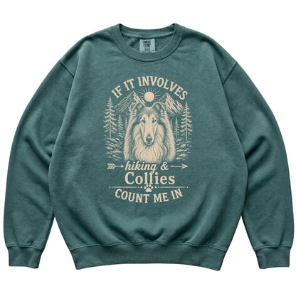 Blue Spruce Comfort Colors® sweatshirt featuring Hiking and Collies, laid-flat presentation
