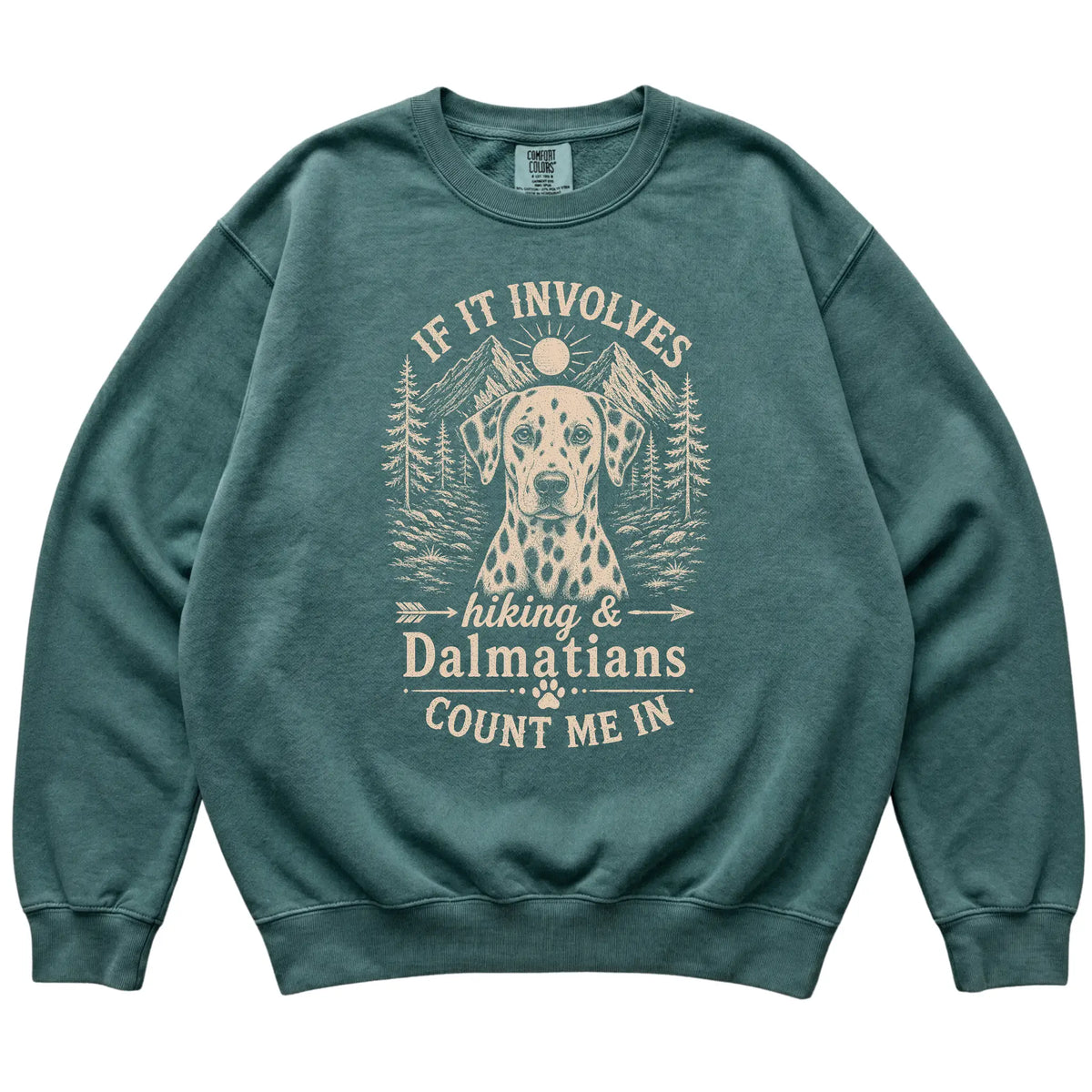 Blue Spruce Comfort Colors® sweatshirt featuring Hiking and Dalmatians, laid-flat presentation