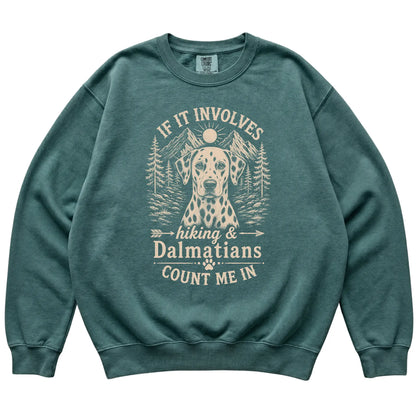 Blue Spruce Comfort Colors® sweatshirt featuring Hiking and Dalmatians, laid-flat presentation