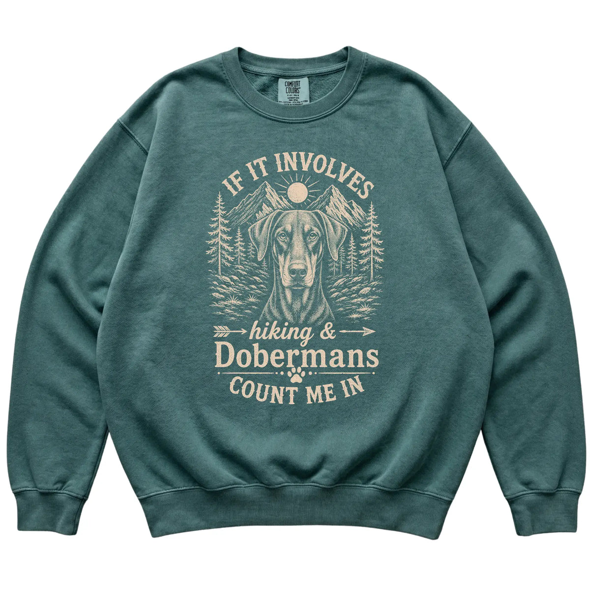 Blue Spruce Comfort Colors® sweatshirt featuring Hiking and Dobermans, laid-flat presentation