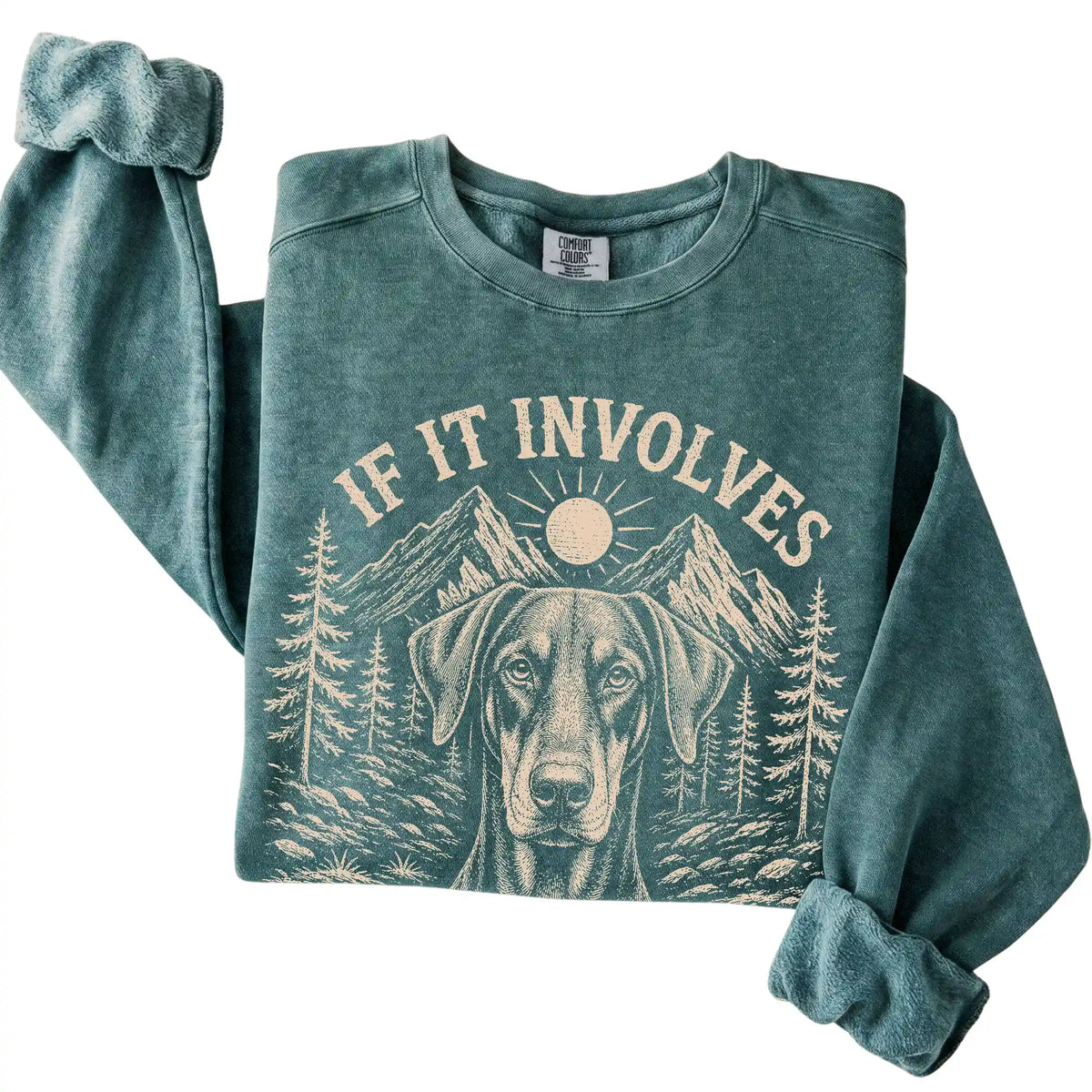 Blue Spruce Comfort Colors® sweatshirt featuring Hiking and Dobermans, folded presentation