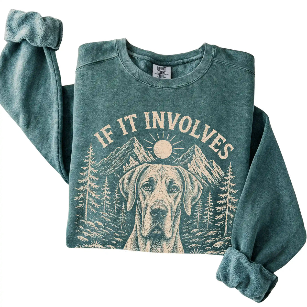 Blue Spruce Comfort Colors® sweatshirt featuring Hiking and Great Danes, folded presentation