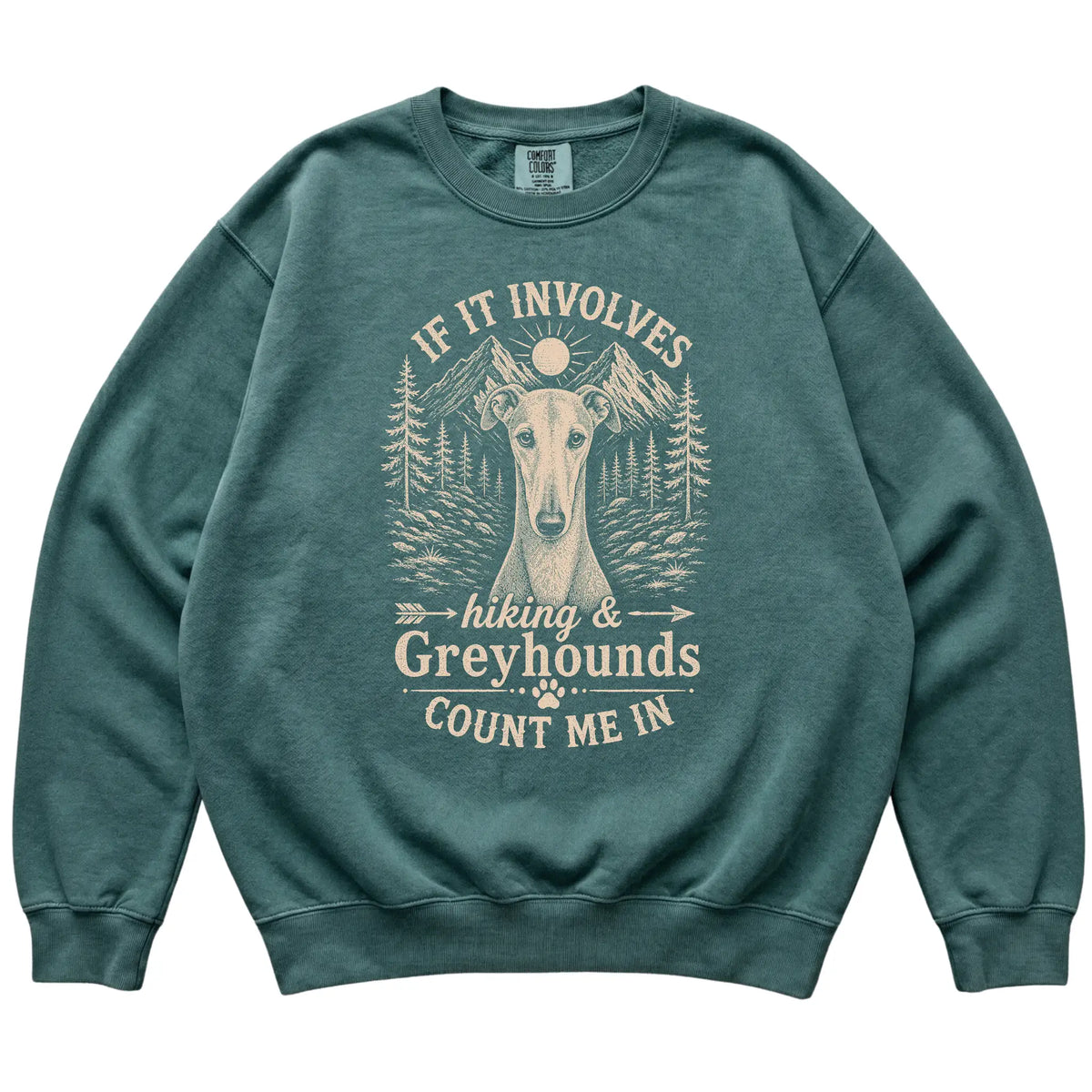 Blue Spruce Comfort Colors® sweatshirt featuring Hiking and Greyhounds, laid-flat presentation