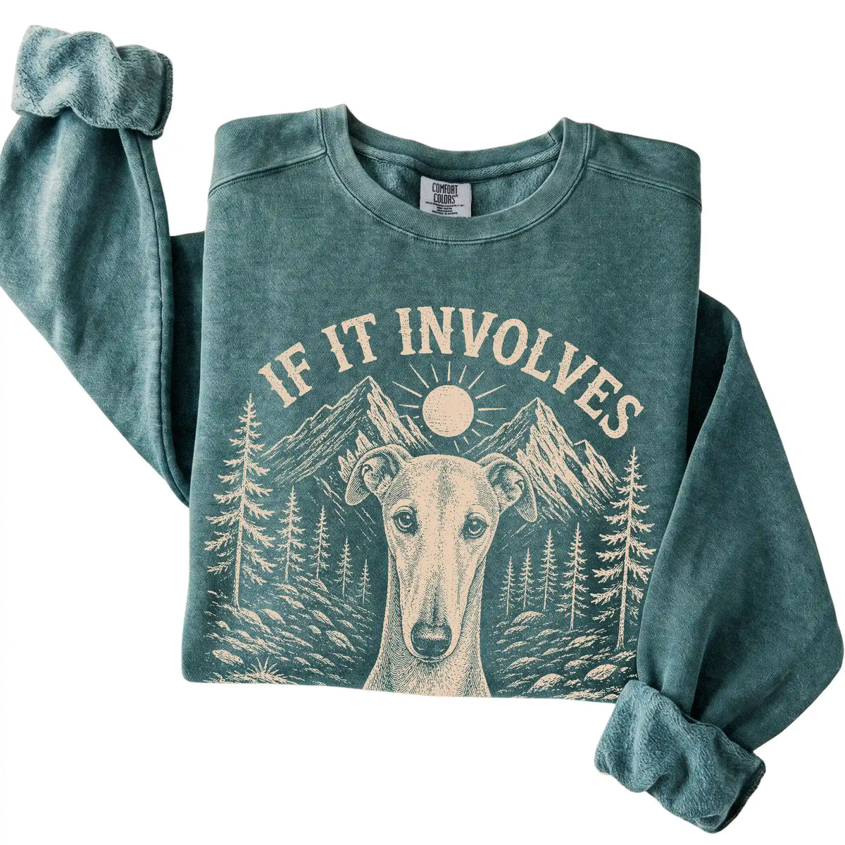 Blue Spruce Comfort Colors® sweatshirt featuring Hiking and Greyhounds, folded presentation