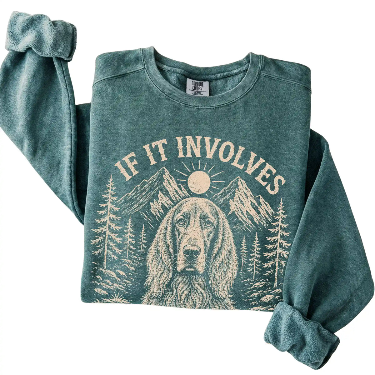 Blue Spruce Comfort Colors® sweatshirt featuring Hiking and Irish Setters, folded presentation
