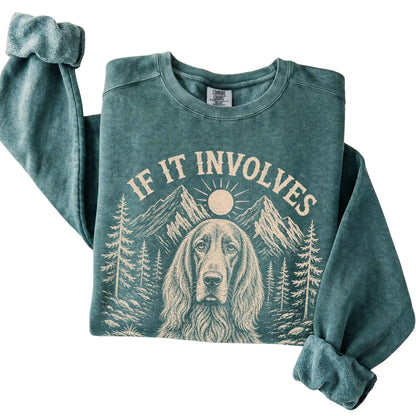 Blue Spruce Comfort Colors® sweatshirt featuring Hiking and Irish Setters, folded presentation