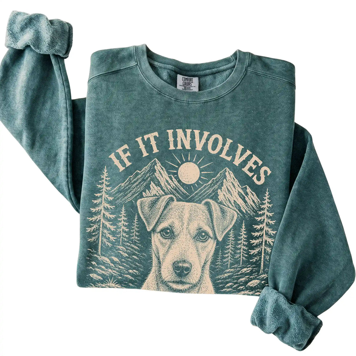 Blue Spruce Comfort Colors® sweatshirt featuring Hiking and Jack Russells, folded presentation
