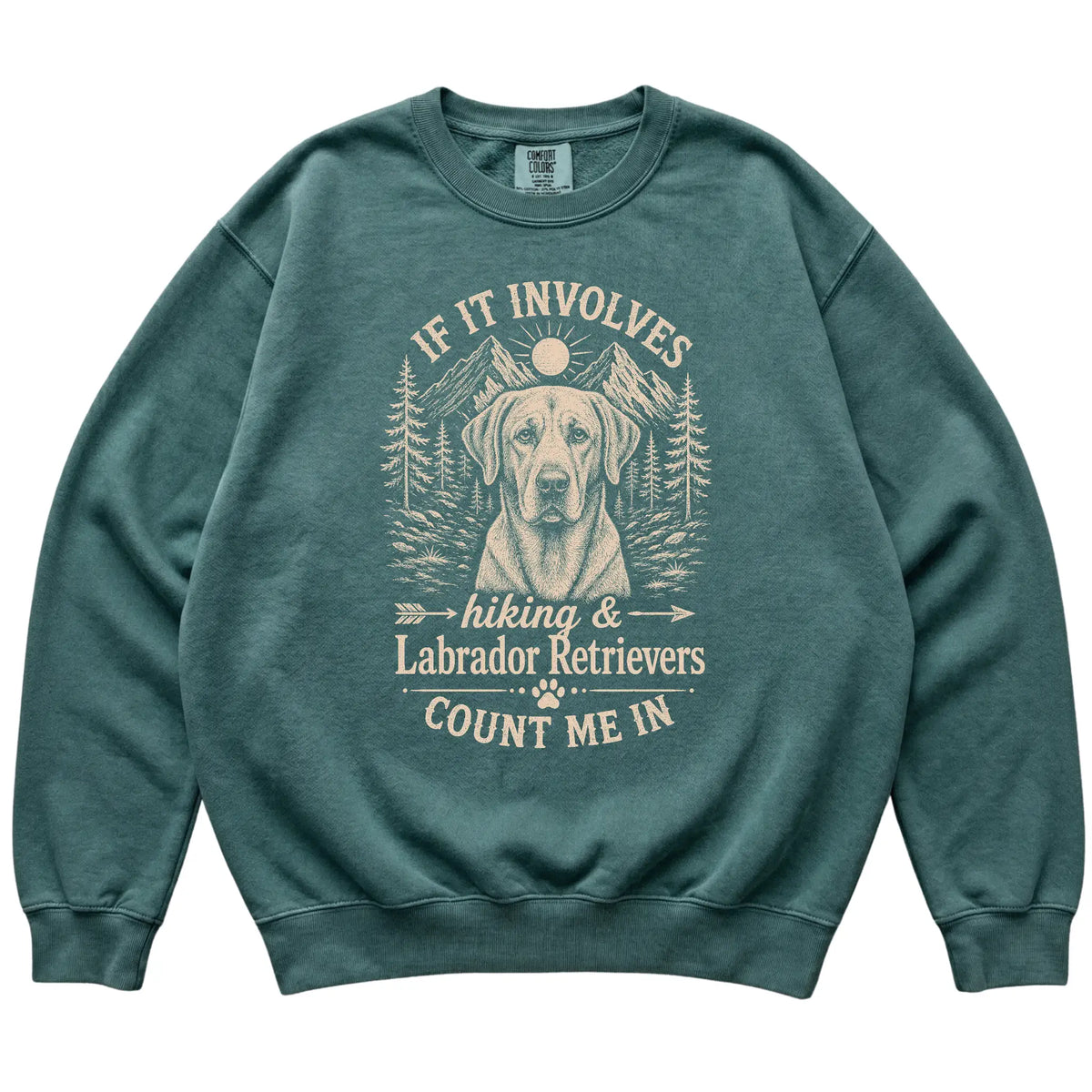 Blue Spruce Comfort Colors® sweatshirt featuring Hiking and Labrador Retrievers, laid-flat presentation