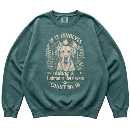 Blue Spruce Comfort Colors® sweatshirt featuring Hiking and Labrador Retrievers, laid-flat presentation