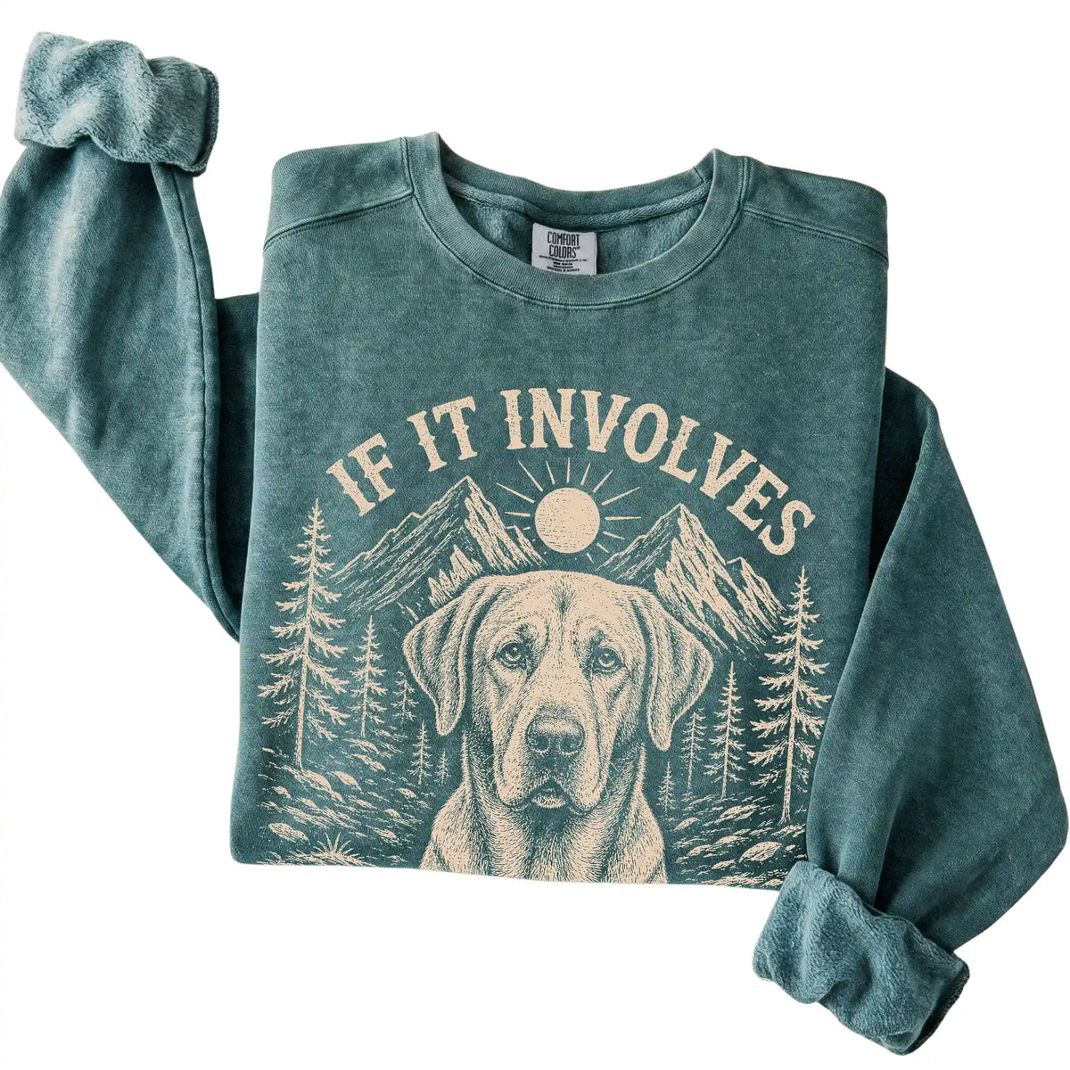 Blue Spruce Comfort Colors® sweatshirt featuring Hiking and Labrador Retrievers, folded presentation