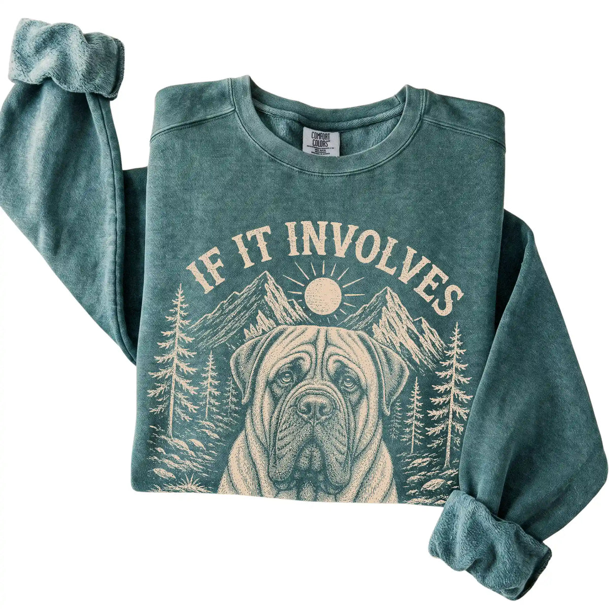 Blue Spruce Comfort Colors® sweatshirt featuring Hiking and Mastiffs, folded presentation