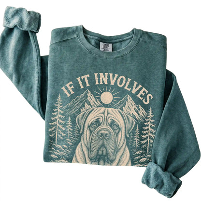 Blue Spruce Comfort Colors® sweatshirt featuring Hiking and Mastiffs, folded presentation